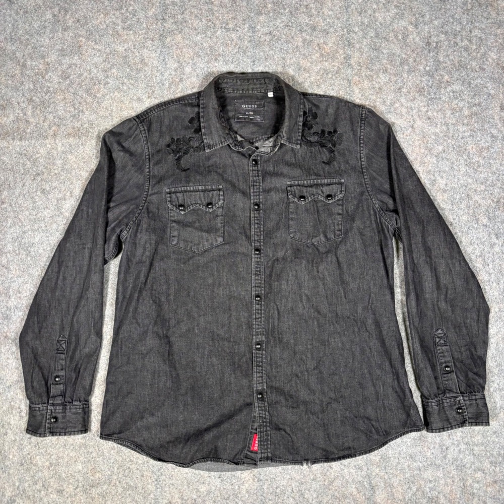 Guess Denim Shirt Mens XL Black Floral Embroidered Western Pearl Snap Button